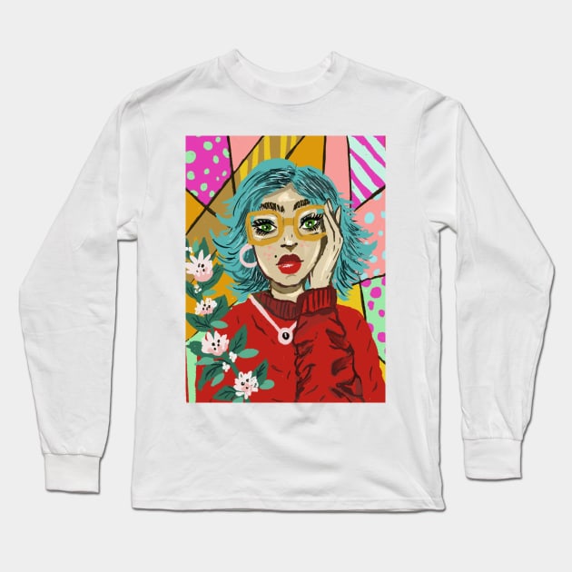 Pop Art Girl, Retro Style, Geometric Long Sleeve T-Shirt by LunaElizabeth